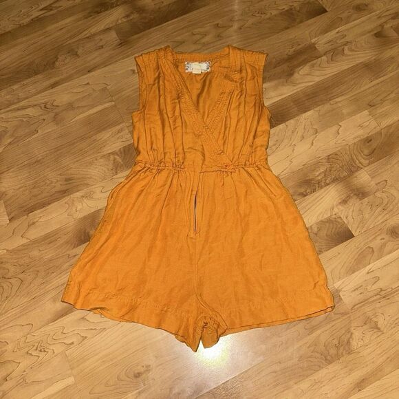Anthropologie Maeve‎ Luana Romper Women's Size 2 Golden Boho Linen Viscose - Picture 1 of 11